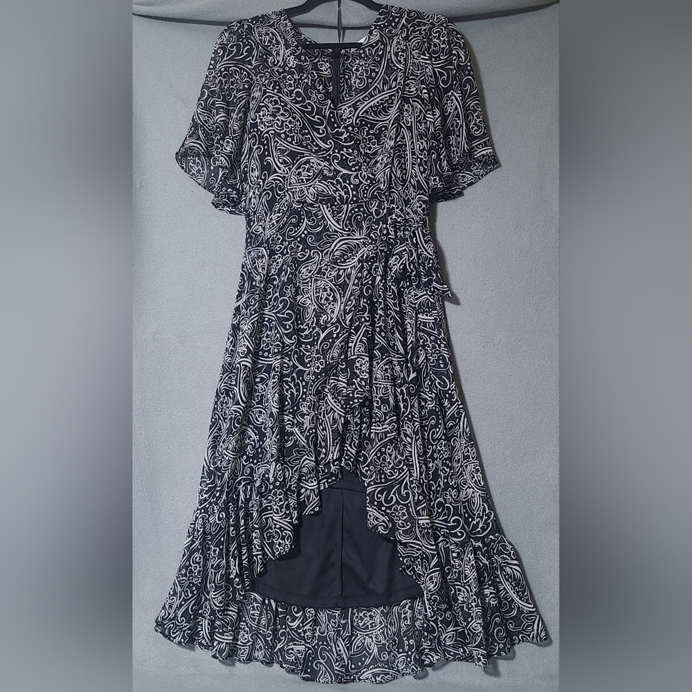 CALVIN KLEIN Women's Black Belted Hi Lo Paisley Surplice Neck Midi Dress -Size 6